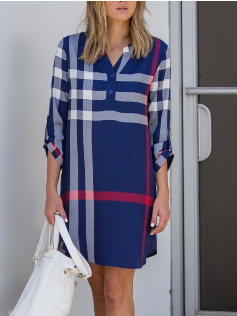 Amaryllis Navy Blue Plaid Long Sleeve Dress with Red and Gray Stripes